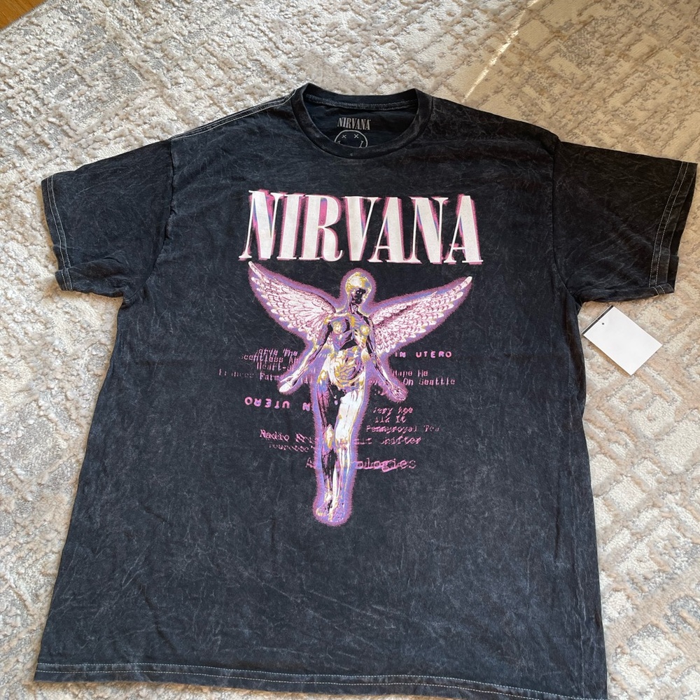 NIRVANA In Utero Black Graphic Tee LARGE Mens Pink Purple Acid Wash Design NWT